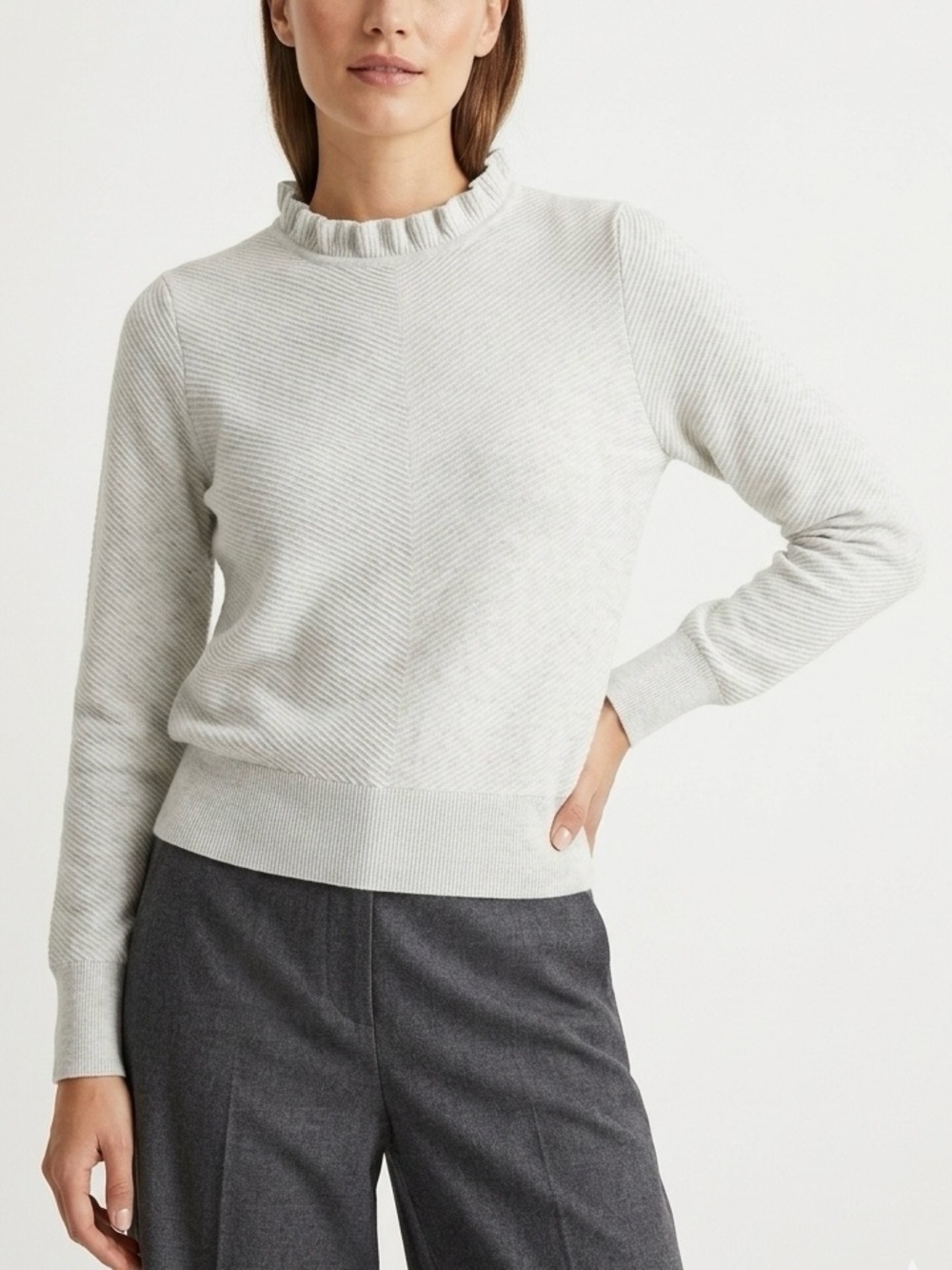 J.Crew Grey Textured Ruffle Neck Pullover Sweater M Coquette Minimalist
